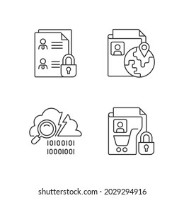 Maintain Information Security Linear Icons Set. Employee Files. Ethnic Origin. Data Breach Detection. Customizable Thin Line Contour Symbols. Isolated Vector Outline Illustrations. Editable Stroke