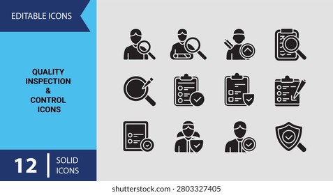 Maintain manufacturing excellence with solid quality inspection and control icons great for product testing assessments and regulatory compliance metrics.
