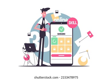 Maintain online school for new skills vector illustration. Man with smartphone and rendering process flat style. Remote education, knowledge, future concept. Isolated on white background