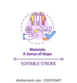 Mantener el icono del concepto de sentido de esperanza. Ilustración de línea delgada de idea abstracta de terapia de grupo. La mentalidad optimista. Dibujo de contorno aislado. Trazo editable. Fuentes Roboto-Medium, Myriad Pro-Bold utilizadas