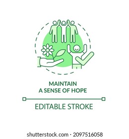 Maintain sense of hope green concept icon. Group therapy abstract idea thin line illustration. Increase happiness. Isolated outline drawing. Editable stroke. Roboto-Medium, Myriad Pro-Bold fonts used