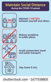 Maintain Social Distance during the COVID-19 period. Vector line art illustrations set.