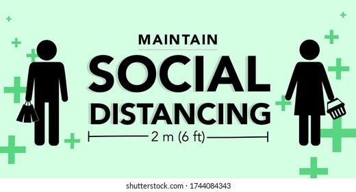 Maintain social distancing in grocery store or shopping mall during Coronavirus or Covid-19 pandemic for banner, flyer or poster design. Keep your distance sign. Flat vector.