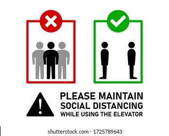 Maintain Social Distancing and Keep Your Distance While Using the Elevator Instruction Sign with Text. Vector Image.