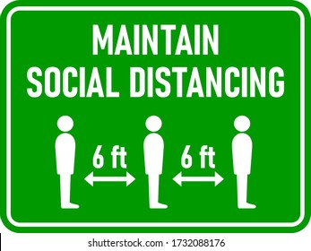 Maintain Social Distancing and Keep Your Distance 6 ft or 6 Feet Horizontal Rectangular Instruction Sign with an Aspect Ratio of 4:3 and Rounded Corners. Vector Image.