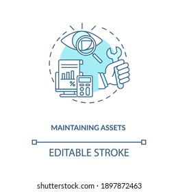 Icono de concepto de mantenimiento de activos. Ilustración de línea delgada de la idea de componente de administración de activos. Reparaciones y mantenimiento. Prevención de pérdidas. Dibujo de color RGB con contorno aislado del vector. Trazo editable