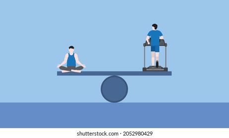 Maintaining A Balance Of Body And Mind Concepts On A Seesaw. Physical Strength Is The Exercise Of Running On A Treadmill With The Other Side A Man Sitting, Meditating, Being Mindful, Know The Breathe.