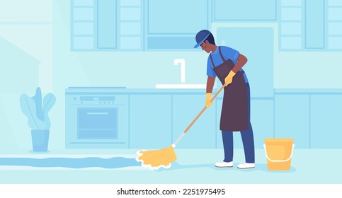 Conservación de la cocina comercial con suelo de parqué de color plano, ilustración vectorial. Enganche en la superficie de limpieza del delantal con mop. Personaje de dibujos animados 2D simple totalmente editable con interior azul claro sobre fondo