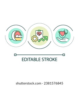 Mantenimiento de un icono de concepto de bucle de estado correcto. Ilustración anual de la idea abstracta de la línea delgada. Evaluar futuros riesgos para la salud. Dibujo de contorno aislado. Trazo editable. Tipo de letra arial utilizado