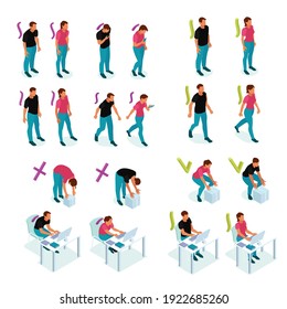 Maintaining good healthy correct alignment of body parts vs bad poor posture examples isometric set vector illustration 