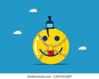 Maintaining a good mood. man with optimistic icon locked with padlock 