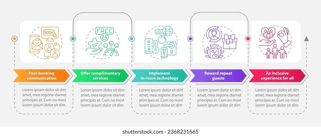 Maintaining guest satisfaction rectangle infographic template. Data visualization with 5 steps. Editable timeline info chart. Workflow layout with line icons. Myriad Pro-Bold, Regular fonts used