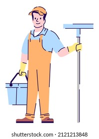 Conservación de la ilustración vectorial de color RGB semiplana en casa y oficina. Técnico masculino de limpieza de ventanas aislado personaje de dibujos animados sobre fondo blanco