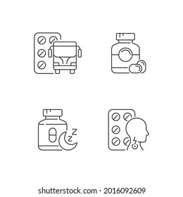 Maintaining life quality linear icons set. Motion sickness treatment. Soft gelatin capsules. Sleep aid. Customizable thin line contour symbols. Isolated vector outline illustrations. Editable stroke