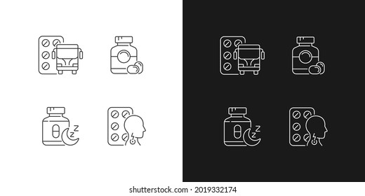 Maintaining life quality linear icons set for dark and light mode. Motion sickness treatment. Gelatin capsules. Customizable thin line symbols. Isolated vector outline illustrations. Editable stroke