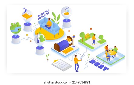 Maintaining Physical And Mental Health, Vector Isometric Illustration. Good Rest, Sleep, Walk Outdoors, Visiting Doctor.