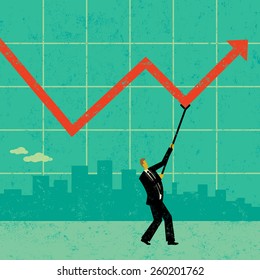 Maintaining Profits A businessman using a crutch to hold up profits during tough economic times. The man and background are on separate labeled layers.