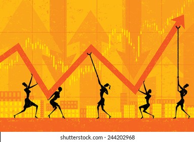 Maintaining Profits Businesswomen holding up profits during tough economic times. The women and background are on separate labeled layers. 