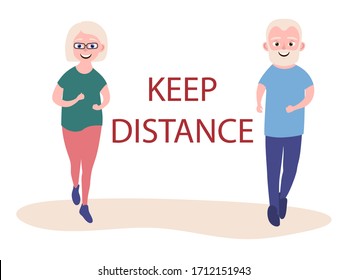 Maintaining Social Distance When Playing Sports For Older People. Grandparents Are Running. Vector Illustration