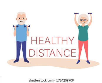 Mantener la distancia social cuando se hacen deportes para personas mayores. Los abuelos haciendo ejercicios de fitness con campanas. Ilustración del vector