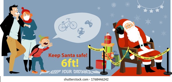 Maintaining social distancing, little boy yelling his Christmas gift wishes to Santa Claus at the mall, EPS 8 vector illustration