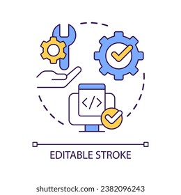 Mantenimiento del icono de concepto de código fuente. Proceso de desarrollo de software. Programación y codificación de la ilustración de la línea delgada de la idea abstracta. Dibujo de contorno aislado. Trazo editable. Tipo de letra arial utilizado