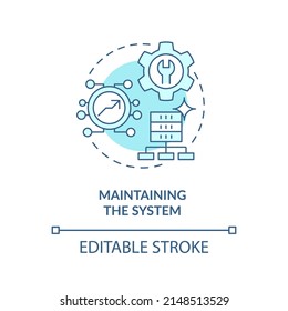 Mantenimiento del icono del concepto turquesa del sistema. Ilustración de línea delgada abstracta del ciclo de vida del desarrollo del sistema de información. Dibujo de contorno aislado. Trazo editable. Fuentes Arial, Myriad Pro-Bold utilizadas