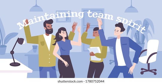 Mantenimiento del fondo plano del espíritu de equipo con un grupo de jóvenes creativos empresarios en la ilustración vectorial del interior de la oficina
