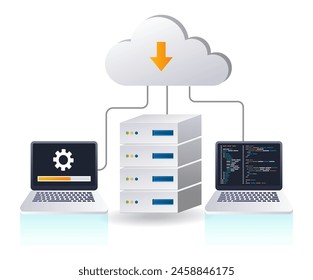 Maintaining technology cloud server system, infographic 3d illustration flat isometric