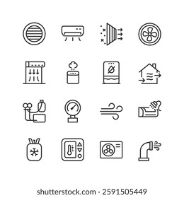 Maintenance of Air Conditioning Equipment, linear style icon set. Tools and processes for servicing, repairing, and maintaining air conditioning systems. Editable stroke width