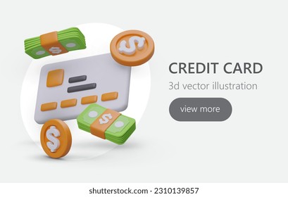 Maintenance of bank accounts. Issue of credit cards. Control of savings in personal account. Bonus program, cashback. Vector concept with 3D illustration