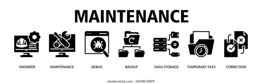 Conceito de ilustração vetorial do ícone da Web da faixa de manutenção com ícone de engenheiro, manutenção, depuração, backup, armazenamento de dados, arquivos temporários, correção
