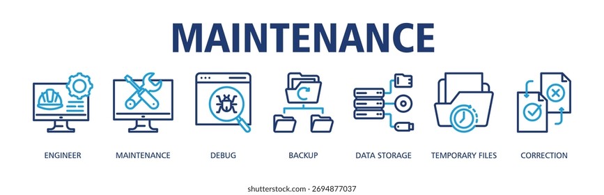Conceito de ilustração vetorial do ícone da Web da faixa de manutenção com ícone de engenheiro, manutenção, depuração, backup, armazenamento de dados, arquivos temporários, correção
