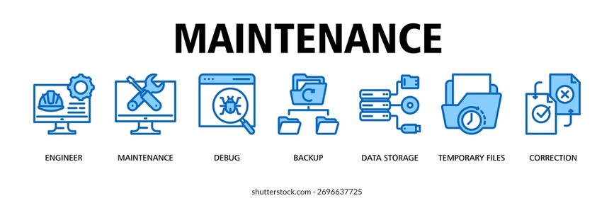 Conceito de ilustração vetorial do ícone da Web da faixa de manutenção com ícone de engenheiro, manutenção, depuração, backup, armazenamento de dados, arquivos temporários, correção
