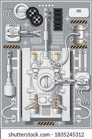 Maintenance Of A Battle Tank. Industrial Robots. View From Above. Vector Illustration.