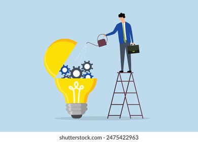 Cerebro de mantenimiento para generar idea, el empresario deja caer lubricante en una ampolla abierta con engranajes mecánicos.