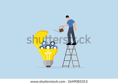 Maintenance brain to generate idea, entrepreneur pours lubricant into an exposed ampoule containing mechanical gears. 