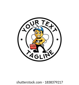 Maintenance cartoon bee with toolbox character mascot logo Premium Vector