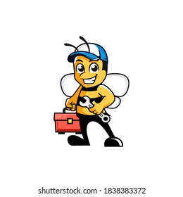 Maintenance cartoon bee with toolbox character mascot logo Premium Vector