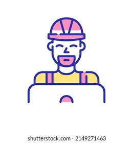 Maintenance or construction contractor finding orders online. Man in a hard hat working at a laptop. Pixel perfect, editable stroke fun color icon