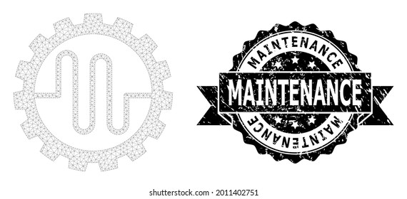 Maintenance corroded stamp seal and vector pipe service cog mesh structure. Black seal contains Maintenance title inside ribbon and rosette. Abstract 2d mesh pipe service cog, built from flat mesh.