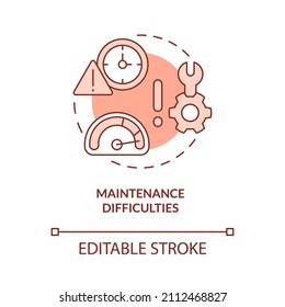 Maintenance Difficulties Red Concept Icon. Rural Electrification Obstacles Abstract Idea Thin Line Illustration. Isolated Outline Drawing. Editable Stroke. Roboto-Medium, Myriad Pro-Bold Fonts Used