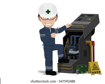 Maintenance Engineer is repairing machine on transparent background
