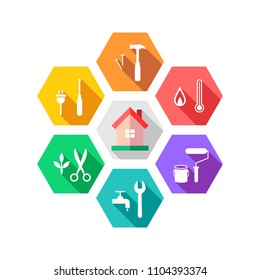 Maintenance and facility management concept with house and work tools around it. Colorful flat design with long shadow in hexagon shape.