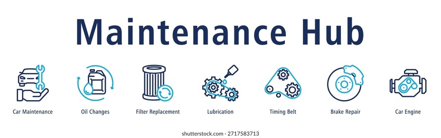 Maintenance Hub web banner icon vector illustration with icons of Car Maintenance, Oil Changes, Filter Replacement, Lubrication, Timing Belt, Brake Repair and Car Engine.
