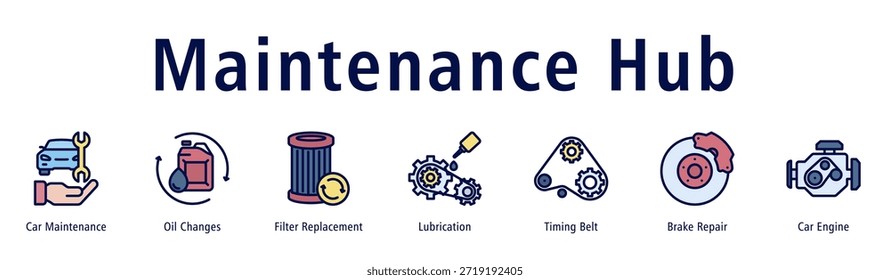 Ilustração de vetor de ícone de banner web Hub de manutenção com ícones de manutenção de carro, mudanças de óleo, substituição de filtro, lubrificação, correia de cronometragem, reparação de freio e motor de carro.