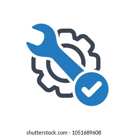 Maintenance icon with check sign. Corrective maintenance icon. Repair icon and approved, confirm, done, tick, completed symbol. Maintenance, icon, repair, tick, approved, check, tool, accept, agree,