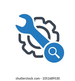 Maintenance icon with research sign. Maintenance icon and explore, find, inspect symbol. Vector icon