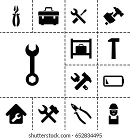 Maintenance icon. set of 13 filled maintenanceicons such as luggage storage, toolbox, wrench, worker, hummer and wrench, pliers, hummer, low battery