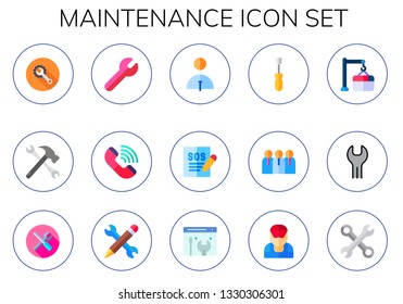 maintenance icon set. 15 flat maintenance icons.  Collection Of - wrench, tools, support, worker, screwdriver, workers, repair, mechanic